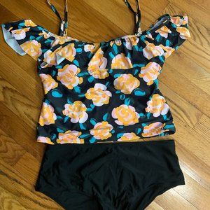 NEW MANGO PAINTED FLORAL RUFFLE MIDKINI TANKINI  L